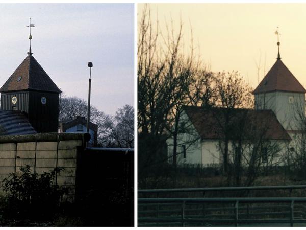 Ein spezieller Berliner Ort: Links Staaken (1988, mit Berliner Mauer), rechts Staaken (2016, mit frischem Anstrich).
