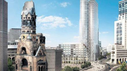 Zeichen setzen. Zwischen Gedächtniskirche (links) und „Zoofenster“ (rechts) entstehen ein Hotel und Büros im 118-Meter-Turm „Upper West“. Ein Vorbau ist auch für Läden gedacht. 