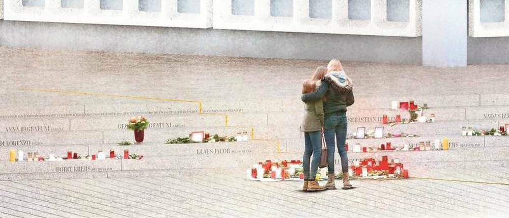 Gedenken auf dem Bürgersteig. Die Visualisierung zeigt das Mahnmal für die Opfer des Terroranschlags auf den Weihnachtsmarkt vor einem knappen Jahr.