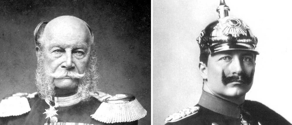 Kaiser-Wilhelm-Bärte. Links das Gesicht von Kaiser Wilhelm I. aus dem Jahr 1884 mit dem üppig gelockten Wangenbart, rechts das Foto von Wilhelm II. mit dem typischen, nach oben gezwirbelten Schnäuzer.