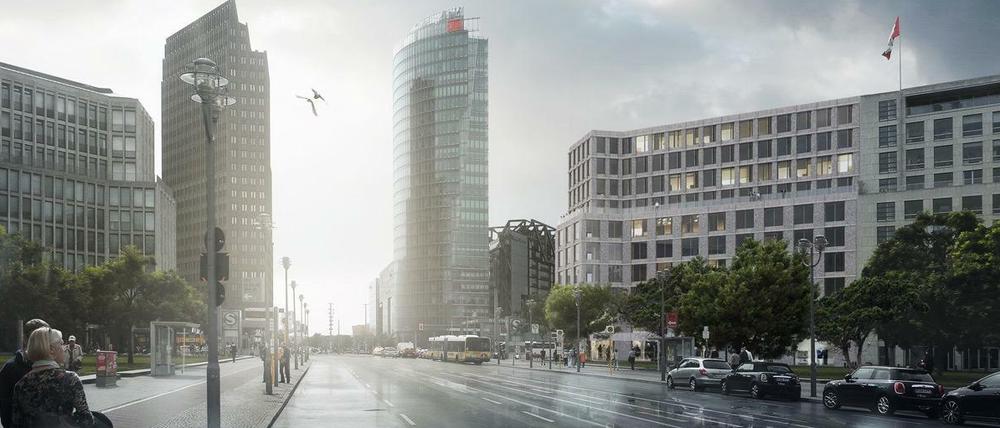 Lückenfüller: Eine Simulation (rechts) zeigt den geplanten Neubau am Leipziger Platz 18-19.