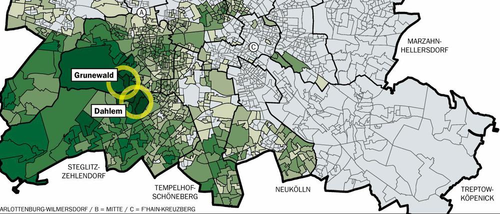 Den stärksten Zuspruch findet Schwarz-Gelb-Grün in den Bezirken im Südwesten der Stadt. 
