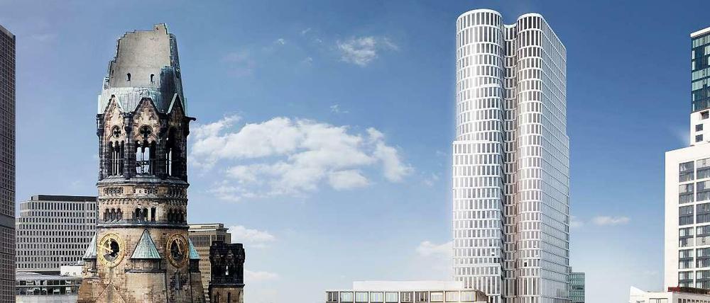 Im Modell. So soll der 118 Meter hohe Zwillingsturm „Upper West“ zwischen der Gedächtniskirche und dem Zoofenster-Hochhaus aussehen.