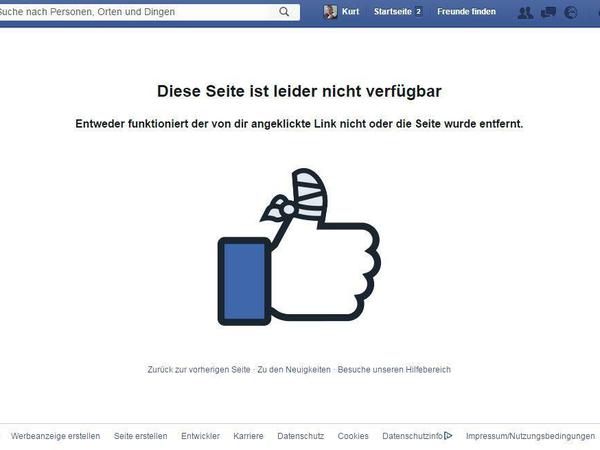 Wer die Facebook-Seite der AfD Nürnberg sucht, findet nur noch diesen Hinweis. Die Seite mit der gefälschten "Abendzeitung"-Überschrift ist offline.