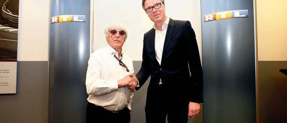 Wieder beste Freunde: Formel-1-Boss Bernie Ecclestone (links) und RTL-Programmchef Frank Hoffmann. Foto: Imagao