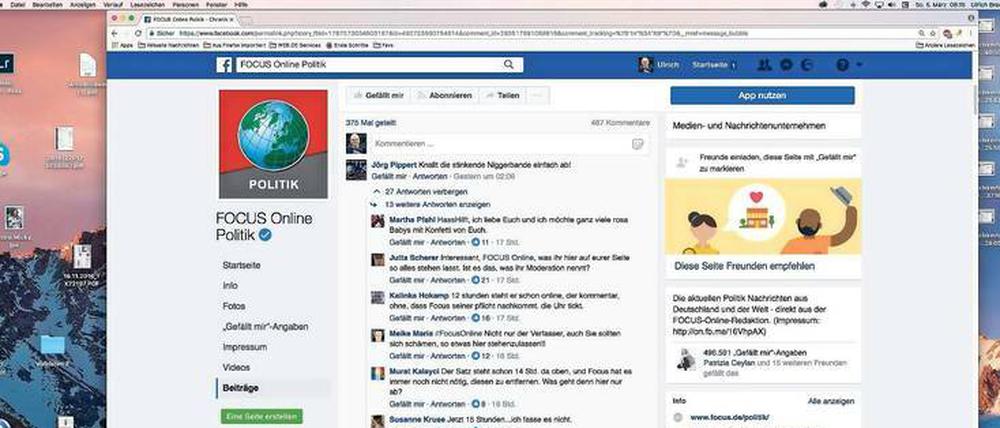 Unsägliche Kommentare wie der von einem Jörg Pippert finden sich laut Beobachtung von #ichbinhier“ über Stunden auf der Facebookseite von „Focus Online Politik“. 