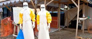 Zwei Helfer beseitigen womöglich infiziertes Material in Gueckedou in Guinea, der Region, in der das Virus vor einem Jahr erstmals aufgetreten ist, und von wo es sich vor allem in drei westafrikanischen Ländern rasant ausgebreitet hat. 