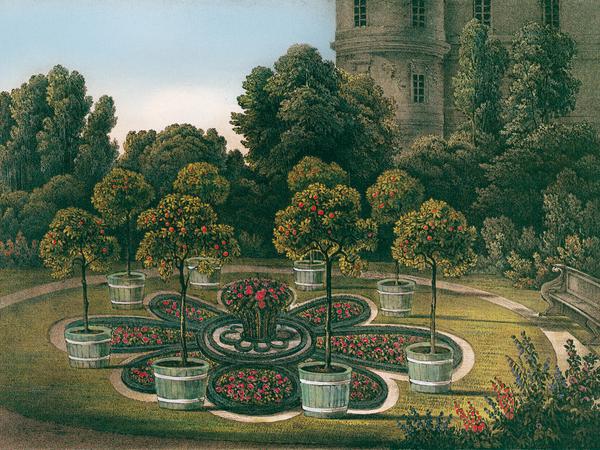 Das Gemälde "Muskau, Blumengärten im Pleasureground (Ausschnitt)" aus: "Hermann Fürst von Pückler-Muskau, Andeutungen über Landschaftsgärtnerei 1834", ist in der Ausstellung zu sehen.