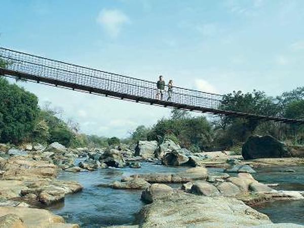 Abenteuerlich. Eine Hängebrücke führt zur Mkulumadzi Lodge im Wildlife Reserve.