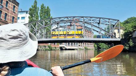 Keineswegs auf Kollisionskurs. Stadtrundfahrten durch Leipzig per Bus oder Kanu – Ansichtssache. Auf Industriedenkmale wie die Könneritzbrücke treffen alle. 