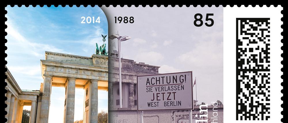Neues Briefmarkenmotiv "Zeitreise Deutschland", copyright: Farbfotografie: © Andrey Popov / Adobe StockSchwarz-Weiß-Fotografie: © Stiftung Berliner Mauer, Foto: Lothar Kruse
