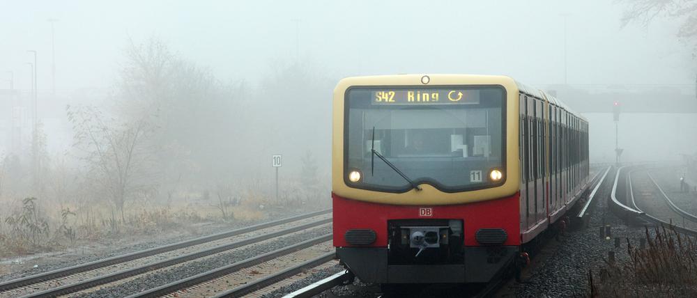 S-Bahn Ringbahn unterwegs bei Nebel.