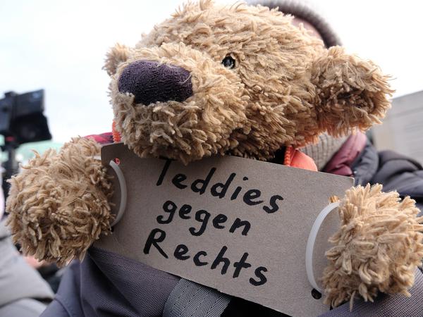 In Berlin waren am 14. Januar 2024 auf der Demo gegen die AfD auch Teddys vertreten. 