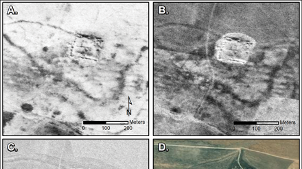 Ein Castellum in Tell Brak auf Spionagesatellitenbildern von 1967 (A), 1968 (B), 1974 (C) – mit freundlicher Genehmigung des US Geological Survey –  und auf einem modernen Satellitenbild (D).