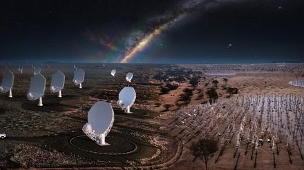 So könnten die SKA-Observatorien in Zukunft aussehen: links die Schüsseln von SKA-mid in Südafrika, rechts die Antennen von SKA-low in Australien.