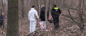 Kriminaltechniker stehen im Gestrüpp an einer Fundstelle. Im Berliner Volkspark Prenzlauer Berg ist am Dienstagvormittag der abgetrennte Oberschenkel eines Menschen entdeckt worden.