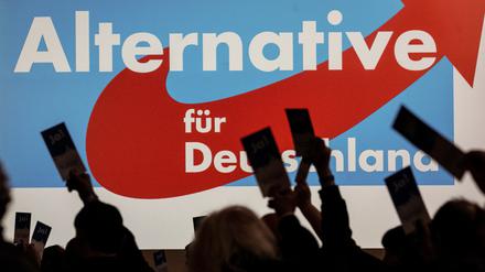 Delegierte halten beim Landesparteitag AfD Hessen ihren Stimmzettel.
