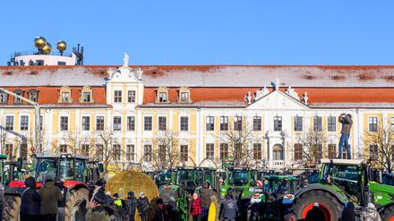 Traktoren stehen auf dem Domplatz von Magdeburg vor dem Landtag von Sachsen-Anhalt. (Archivfoto)