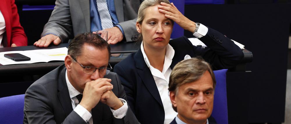 Bernd Baumann (r.), Alice Weidel und Tino Chrupalla (l.) auf den Bänken der AfD während einer Debatte im Bundestag. (Archivfoto)