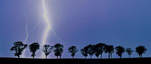 22.06.2023, Brandenburg, Müncheberg: Ein Blitz eines Gewitters erhellt den Nachthimmel über der Landschaft im Osten des Landes Brandenburg.