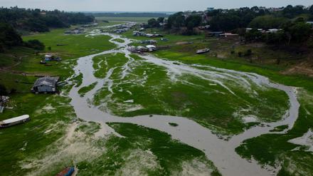 Schwimmfähige Häuser und Boote sind wegen des niedrigen Pegelstands des Rio Negro, einem großen Nebenfluss des Amazonas, auf Grund gelaufen.