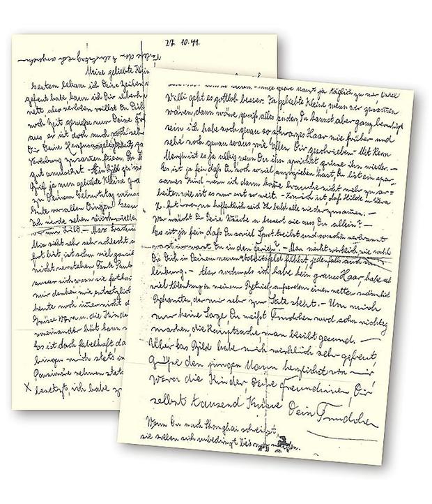 Tausend Küsse. Am 27. Oktober 1941
schrieb Gertrud Kirsch den letzten Brief, der ihre Tochter in London erreichte. Der Brief ist nicht mehr in Sütterlin verfasst, damit vergleichsweise gut lesbar.