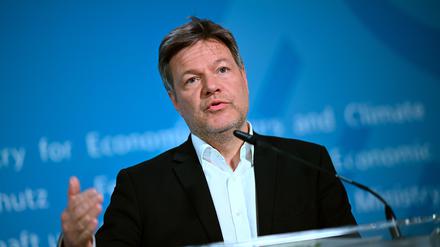 Robert Habeck (Bündnis 90/Die Grünen), Vizekanzler und Bundesminister für Wirtschaft und Klimaschutz, spricht in ein Mikrofon.