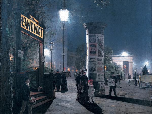 Das Gemälde „Erste elektrische Straßenbeleuchtung“ von Carl Saltzmann, gemalt um 1884. Das damalige Berliner Reichspostmuseum erwarb das Gemälde im Entstehungsjahr für 500 Reichsmark direkt vom Künstler.