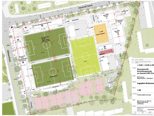 Das ist der Plan: Das bisherige Fußballfeld wird um 90 Grad gedreht, es entsteht eine für die Regionalliga taugliche Arena mit zwei Plätzen.
