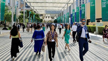 Delegates walk at the Dubai's Expo City during the United Nations Climate Change Conference (COP28) in Dubai, United Arab Emirates, December 4, 2023. REUTERS/Thaier Al-Sudani