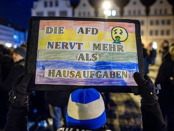 „Die AfD nervt mehr als Hausaufgaben“, findet ein junger Demonstrant am 25. Januar 2024 in Rostock.