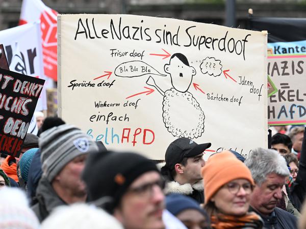 „Alle Nazis sind superdoof“, findet ein Demo-Teilnehmer in Bremen am 21. Januar 2024.  