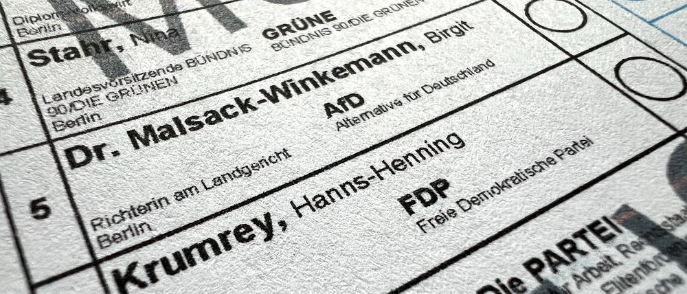 Die Direktkandidatin der AfD in Steglitz-Zehlendorf, Birgit Malsack-Winkemann, ist eine Terrorverdächtige: Muster des Wahlzettels für die Wiederholungswahl zum Bundestag am 11. Februar 2014.