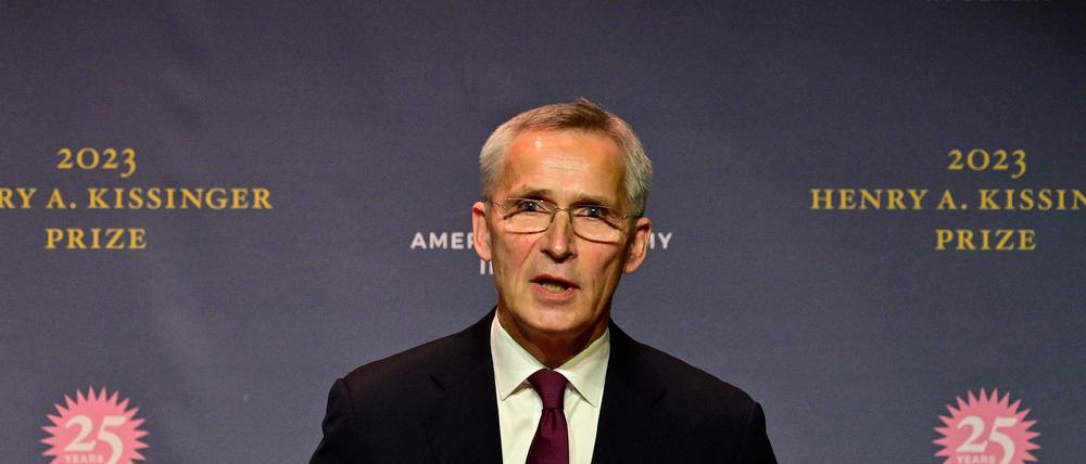 Jens Stoltenberg, Secretary General of the North Atlantic Treaty Organization (NATO), this year's recipient of the Henry A. Kissinger Prize, speaks during the event at the Deutsche Telekom Representative Office in Berlin on November 10, 2023. (Photo by John MACDOUGALL / AFP)
