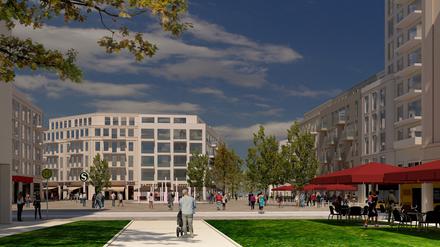 So soll das neue Zentrum des Neubauquartiers in Lichterfelde-Süd einmal aussehen.