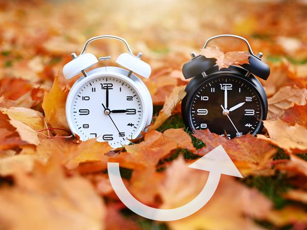 Fotomontage: Zwei Uhren auf Herbstblättern, Symbolfoto für die Rückstellung auf Winterzeit