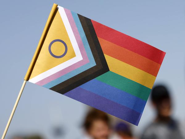 Eine Progress Pride Flag mit Intersex-Symbol beim Christopher Street Day 2023 in Köln.