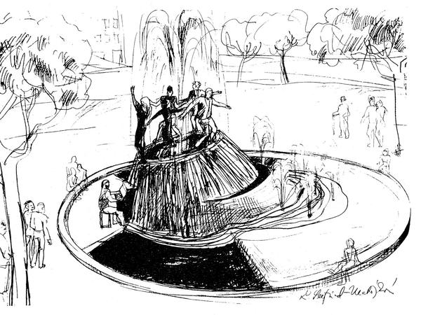 Entwurfszeichnung von Ludmila Seefried-Matějková für den Brunnen „Tanz auf dem Vulkan“.