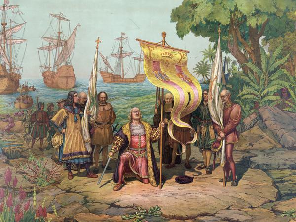 Kolumbus, wie sich zeitgenössische Künstler ihn vorstellten. In Jamaika sah die Szene sicher anders aus, zumindest, was die Schiffe angeht. Derer waren ihm nur zwei geblieben, und das waren kleine Karavellen.