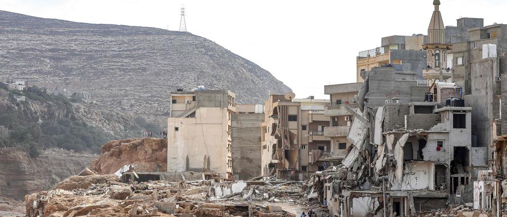 Ein zerstörtes Areal in der libyschen Stadt Derna am 18. September 2023 nach der tödlichen Sturzflut.