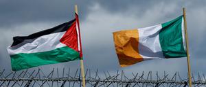 Flaggen von Palästina und der Republik Irland im nordirischen Belfast.