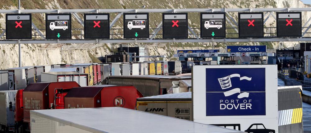 Lastwagen stehen im Januar 2021 im Grenzkontrollbereich des Hafens von Dover Schlange.
