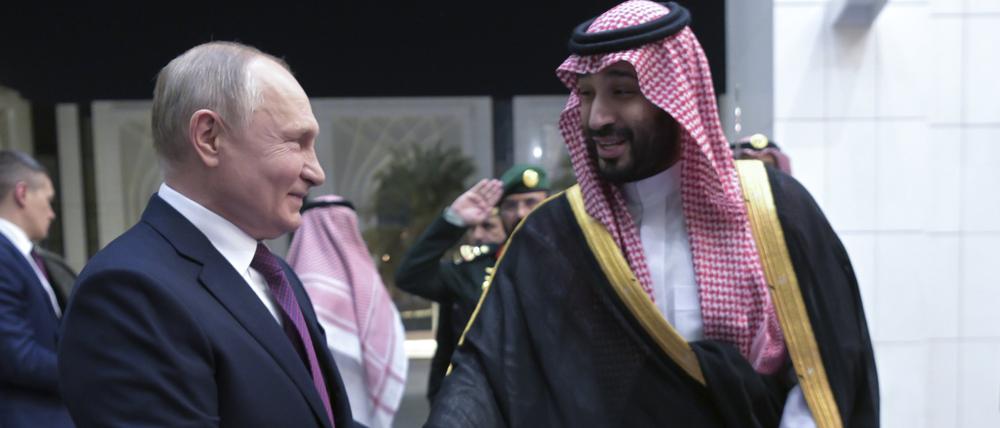 Dieses von der staatlichen russischen Nachrichtenagentur Sputnik via AP veröffentlichte Foto zeigt Mohammed bin Salman (r), Kronprinz von Saudi Arabien, und Wladimir Putin, Präsident von Russland, während ihres Treffens im Yamama-Palast. 