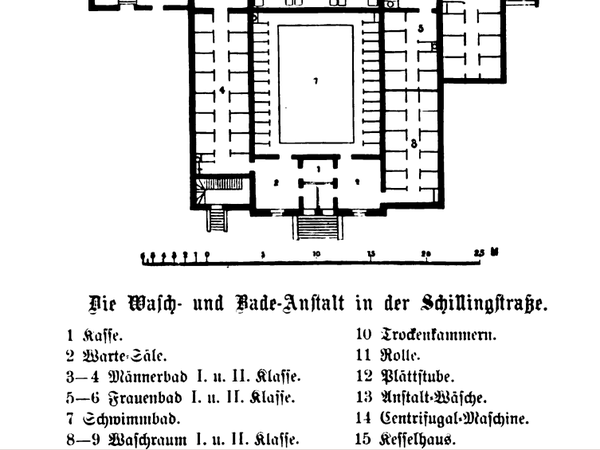 Ein Plan der Wasch- und Badeanstalt mit dem Schwimmbecken in der Schillingstraße 7-9 aus Jahr 1874.