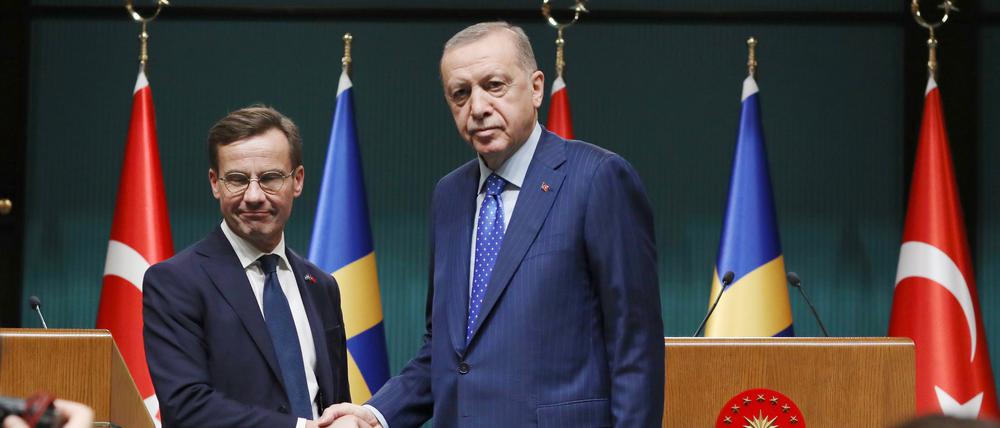 Recep Tayyip Erdogan (r), Präsident der Türkei, und Ulf Kristersson, Ministerpräsident von Schweden, reichen sich nach einer gemeinsamen Pressekonferenz im Präsidentenpalast im November 2022 die Hände (Archivbild). 