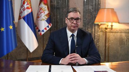 Serbian President Aleksandar Vucic after signing a decree to dissolve the parliament and schedule an early election in Belgrade.