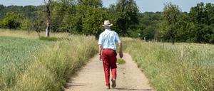 Ein Mann mit Strohhut geht bei sommerlichen Temperaturen einen Feldweg am Stadtrand von Frankfurt entlang.