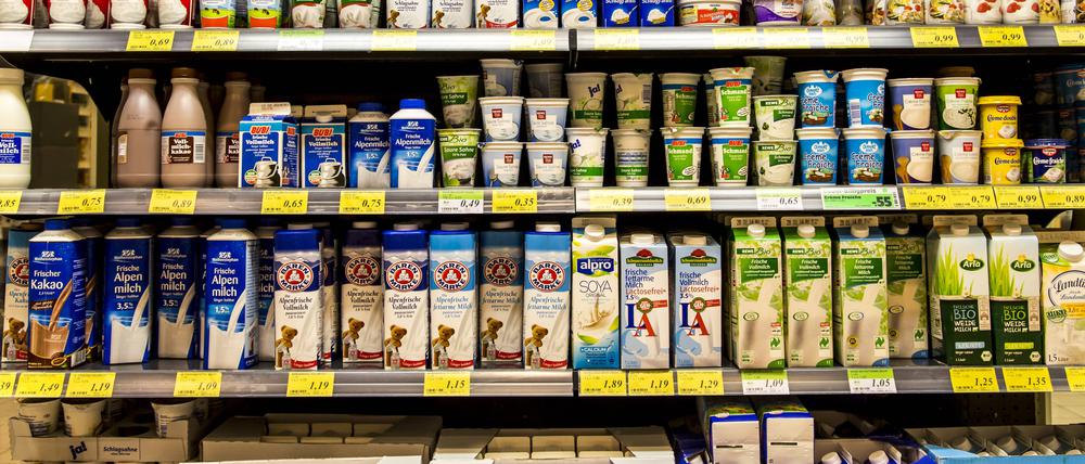 Supermarkt, Regal mit verschiedenen Produkten, Kühlregal mit verschiedenen Milchprodukten, Milch, Sahne, Jogurt, Bio Produkte