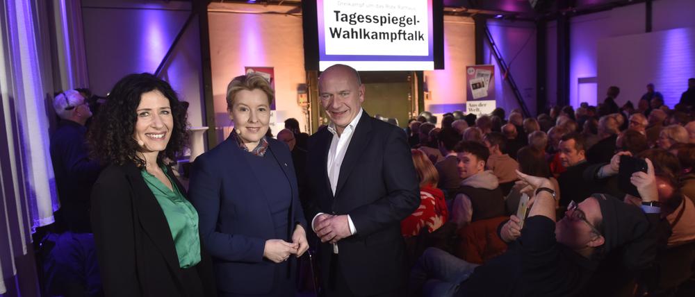 Triell zur Berlin-Wahl auf dem Euref-Campus: Bettina Jarasch, Franziska Giffey und Kai Wegner (von links).