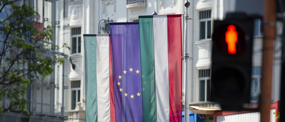 Flaggen von Ungarn und der Europäischen Union hängen an einer Fassade. 